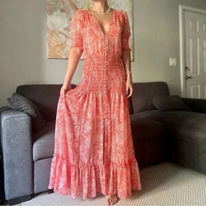 MISA Los Angeles Parisa Maxi Dress - Coral Pink White Floral Pattern - Size S